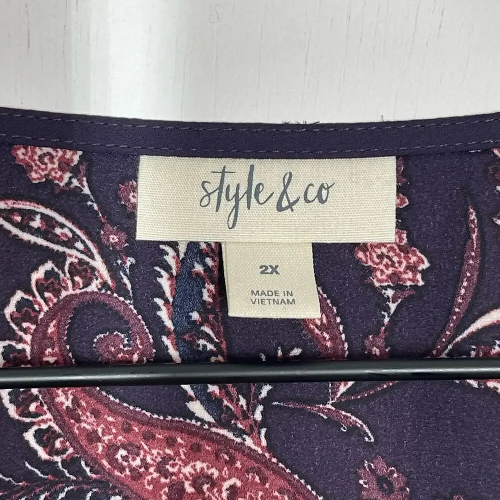 Style & Co Blouse NWT Women's Plus Size 2X Purple Grape Paisley V-Neck Core Boho - Picture 10 of 11